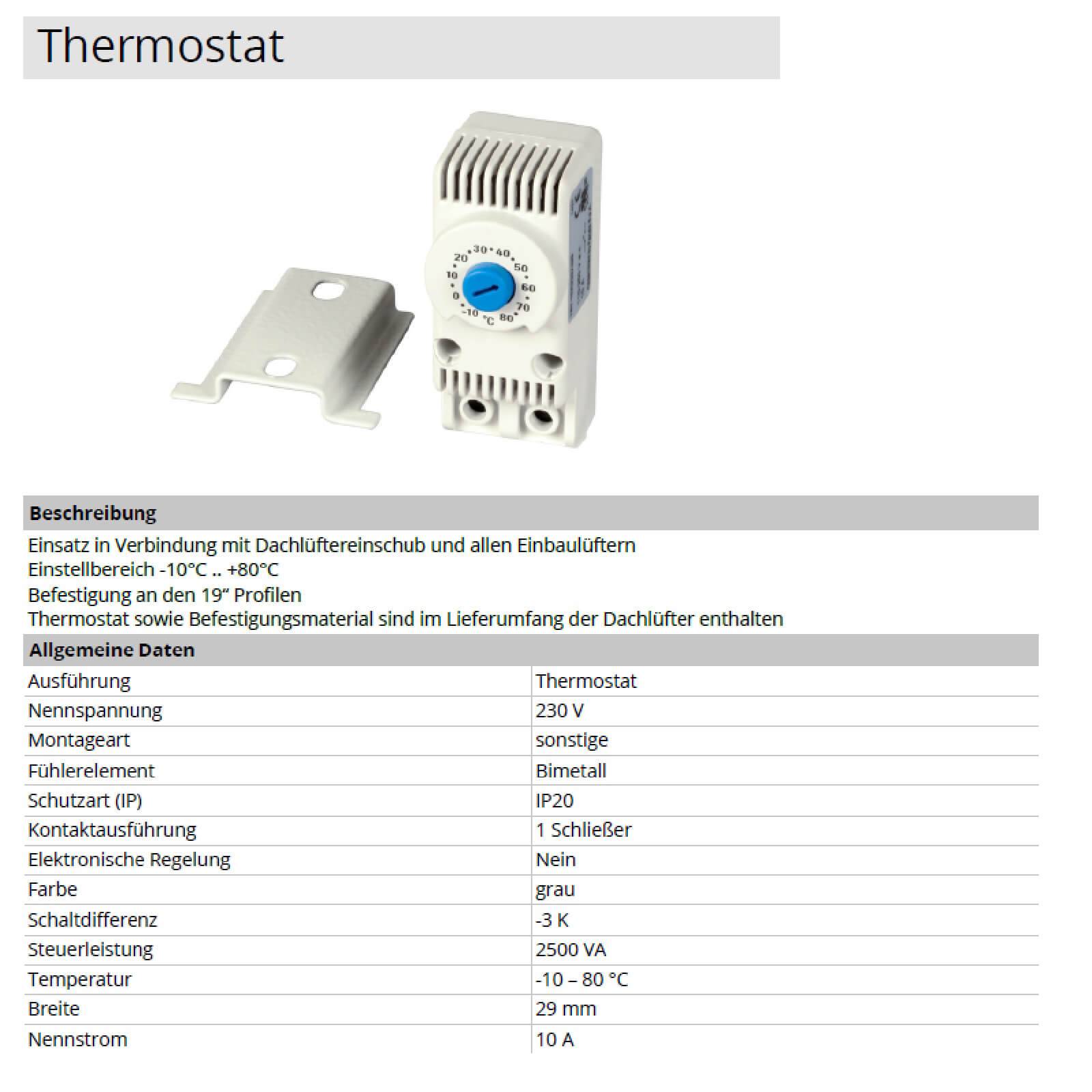 Thermostat für Einbaulüfter für Netzwerkschrank inkl. Montagematerial