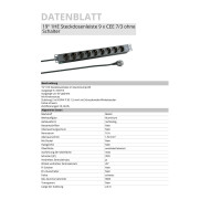 19inch 1u socket strip 9 x cee 7/3 without switch in alu pro