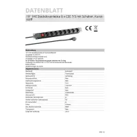 19inch 1u socket strip 8x cee 7/3 with switch in plastic pro